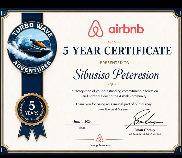 Airbnb 5 Year Certificate awarded to Turbo Wave Adventures